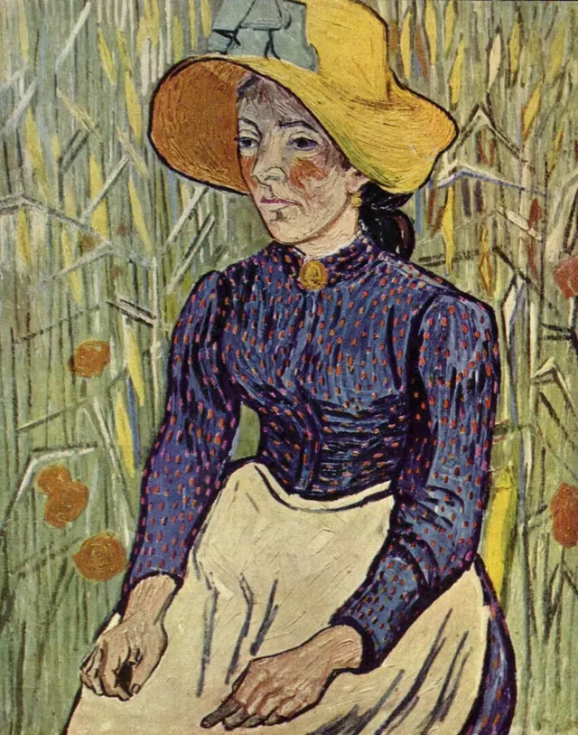 Van Gogh’s Peasant Woman Against a Background of Wheat: a woman in a blue dress before a field of wheat